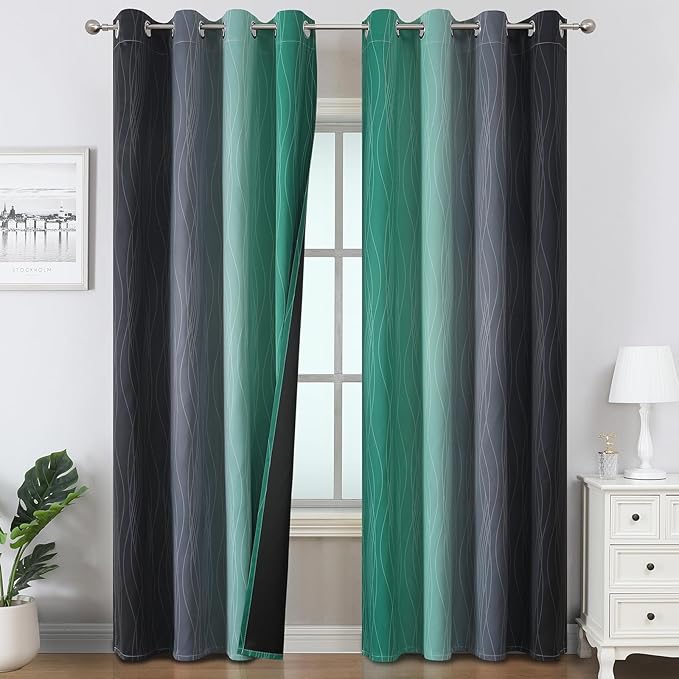 Estelar Textiler Black and Green Ombre Blackout Curtains 84 Inch Length 2 Panels Set for Living Room, Energy Saving Thermal Insulated Light Blocking Grommet Window Drapes for Bedroom,52Wx84L,2 Panels