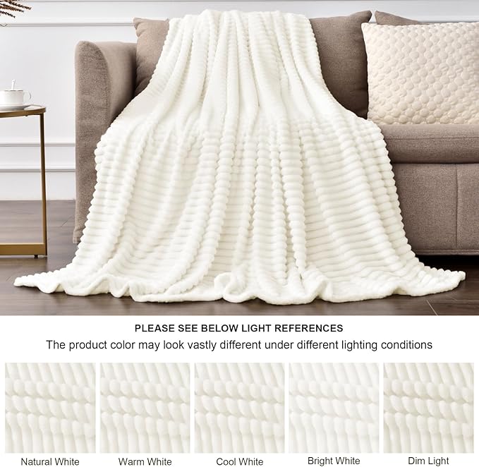 BEDELITE Fleece Blanket King Size – 3D Ribbed Jacquard Soft and Warm Decorative Fuzzy Blankets – Cozy, Fluffy, Plush Lightweight Throw Blankets for Couch, Bed, Sofa(Cream, 108x90 inches)