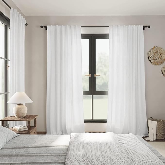 White Semi Sheer Linen Curtains 92 inch Length for Living Room Back Tab Rod Pocket Modern Farmhouse Coastal Decor Off White Cotton Textured Gauze Curtains 92 inches Long for Dining Room Office