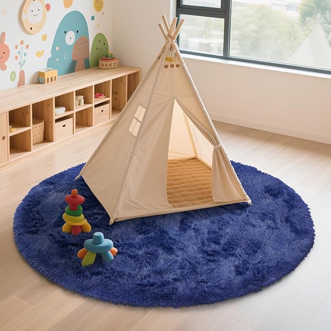 yulidayang Blue Fluffy Round Area Rugs for Bedroom,3ft Shag Circle Area Rugs for Living Room,Non Slip Fuzzy Plush Rug for Kids Room Boys Girls Room and Dorm Home Decor Rug