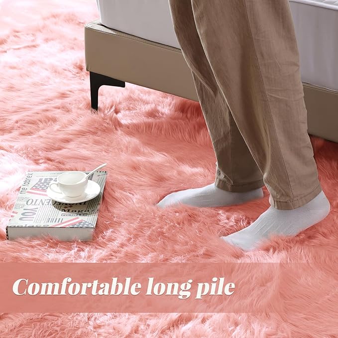 ORINOVA Pink Faux Sheepskin Fuzzy Fur Rugs for Bedroom Washable Shaggy Area Rugs for Living Room 3x5 Nursery Rug