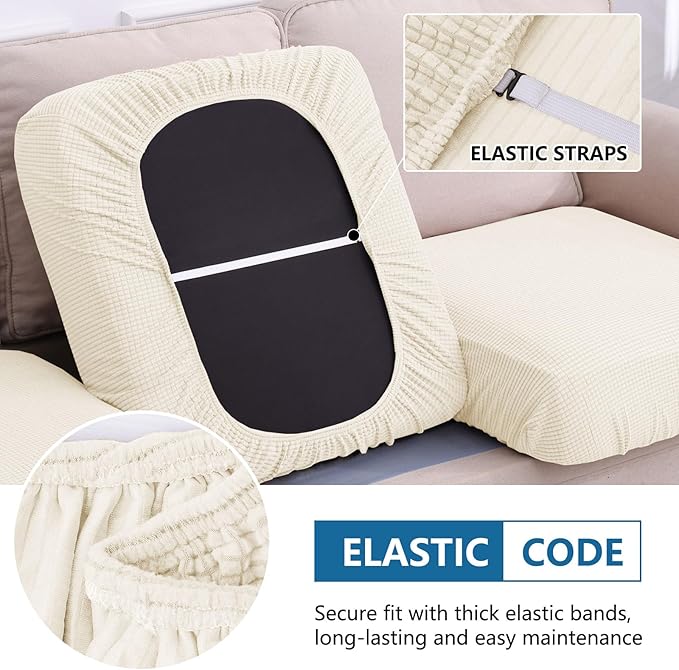 hyha Waterproof Couch Cushion Covers, Sectional Sofa Cushion Slipcovers L Shape, Thick Stretch Jacquard Fabric, Washable Chaise Lounge Cover with Elastic Bottom (1 Piece for Chaise, Light Beige)