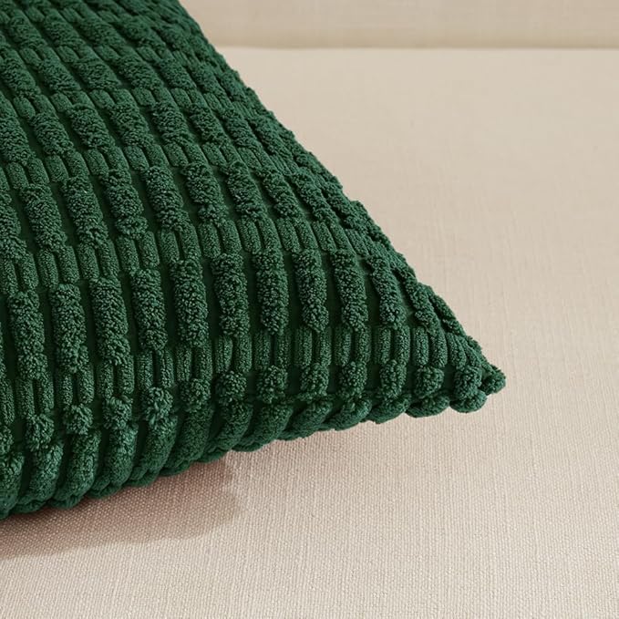Fancy Homi Set of 4 Dark Green Boho Decorative Throw Pillow Covers 22x22 Inch for Couch Bed Sofa, Aesthetic Modern Bohemian Room Decor, Soft Fuzzy Fluffy Cozy Corduroy Textured Cushion Case 55x55cm