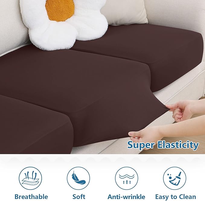 hyha Milk Silk Couch Cushion Covers, Soft Magic Sofa Covers Washable for 3 Cushion Couch, Stretch Sectional Outdoor Cushion Covers for Patio Furniture with Elastic Bottom(3 Packs, Chocolate)