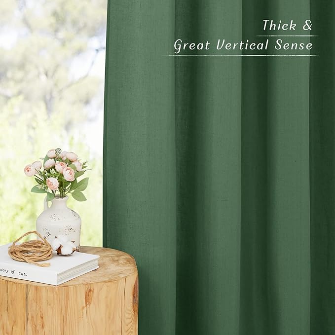 NICETOWN Thick Linen Curtains & Drapes Semi Sheer for Living Room 96 inch Length, Grommet Linen Blend Privacy with Light Filter for Home Office/Farm House, W55 x L96, Olive Green, 1 Pair