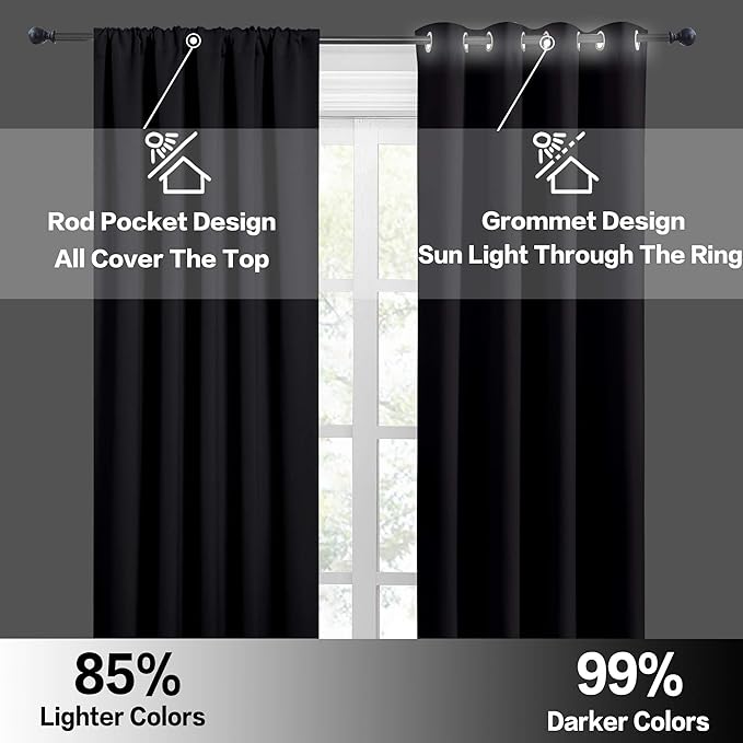 RYB HOME RV Curtains for Camper Windows, Mini Small Thermal Insulated Sunlight Heat Blocking Blackout Privacy Portable Curtains for Travel Trailer, Width 34 by Length 24, Black, 2 Panels