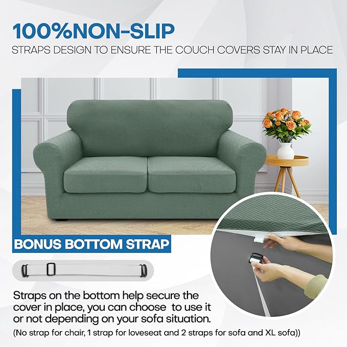 XINEAGE New 3 Pieces Couch Covers for 2 Extra Large Cushion Sofa Super Stretch Sofa Cover for 2 Large Seat Universal Loveseat Slip Cover for Living Room (Pea Green), 71"-91"(2 Cushions)