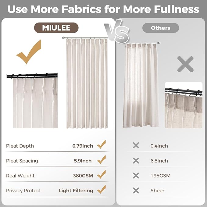 MIULEE Pinch Pleated Thick Linen Curtains 100 Inches Long 2 Panels for Living Room Bedroom, Pinch Pleat Drapes Back Tab Light Filtering Floor to Ceiling Semi Sheer Natural Farmhouse Window Curtains