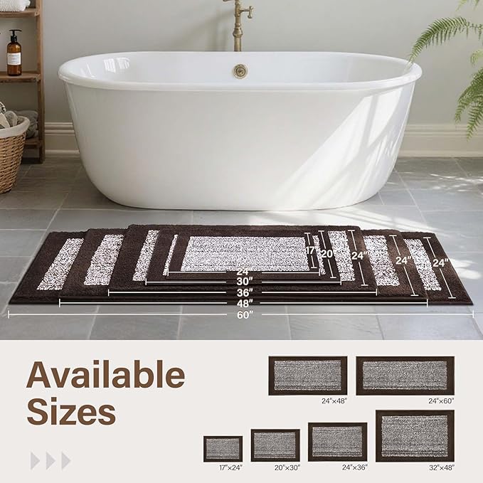 60x24 Long Bathroom Rugs Washable Non Slip, Brown Bath Mat for Bathroom Floor Tub, Soft Absorbent Quick Dry Mats for Shower,Bathtub,Home Decor