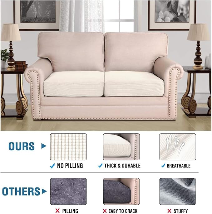 H.VERSAILTEX Super Stretch Individual Seat Cushion Covers - Sofa Couch Cushion Slipcover Sets - Thick Jacquard Textured Twill Fabric - Large (2 Piece, Porcelain White)