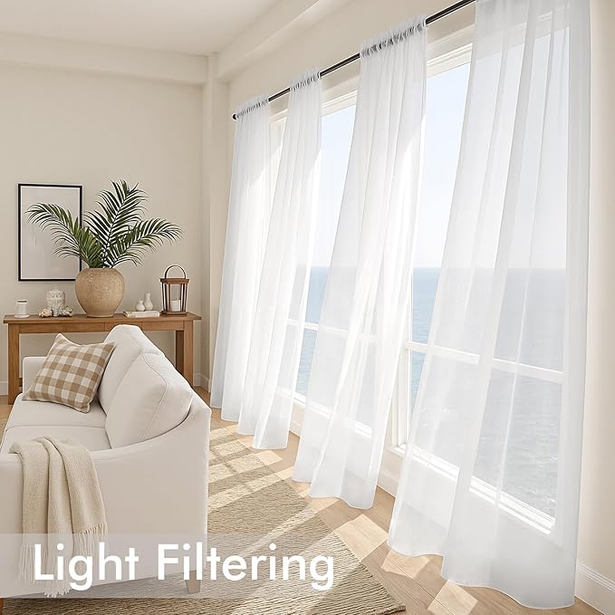 MIULEE White Sheer Curtains 90 Inches Long, 4 Panels Set, Light Filtering Rod Pocket Voile Drapes for Living Room and Bedroom, Airy Soft Fabric Window Treatments, 42 x 90 Inches