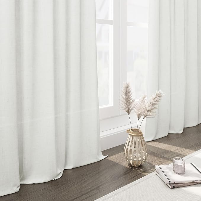 Linen Light Filtering Curtains 96 Inches Long 2 Panels Long Ivory Semi Sheer Linen Blended Window Curtains Back Tab Pocket Natural Off White Rustic Farmhouse Drapes for Living Room Bedroom 52X96