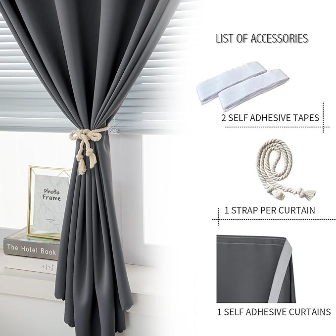 Magic Tape Stick On Curtains Window Shades Pull Down Blackout Window Cover Blackout Curtains for Bedroom No Drillng Self Adhesive Curtains No Rod Small Curtain, 59" W X 84" L, Grey, 1 Panel