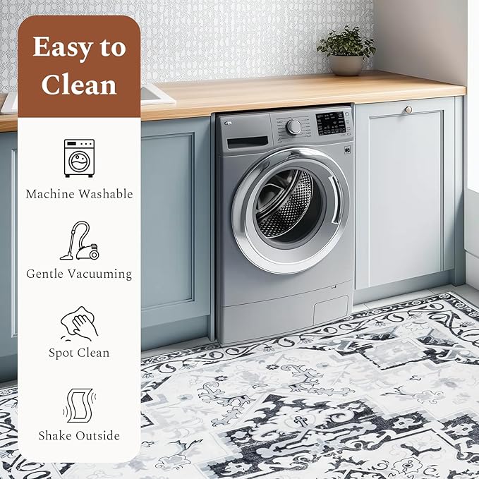 Rugflix 5x7 Area Rug for Living Room, Machine Washable Area Rugs with Non-Slip Backing, Large Soft Boho Vintage Rug for Bedroom, Dining Room, Low Pile Carpet, Kids Pet Friendly, Grey