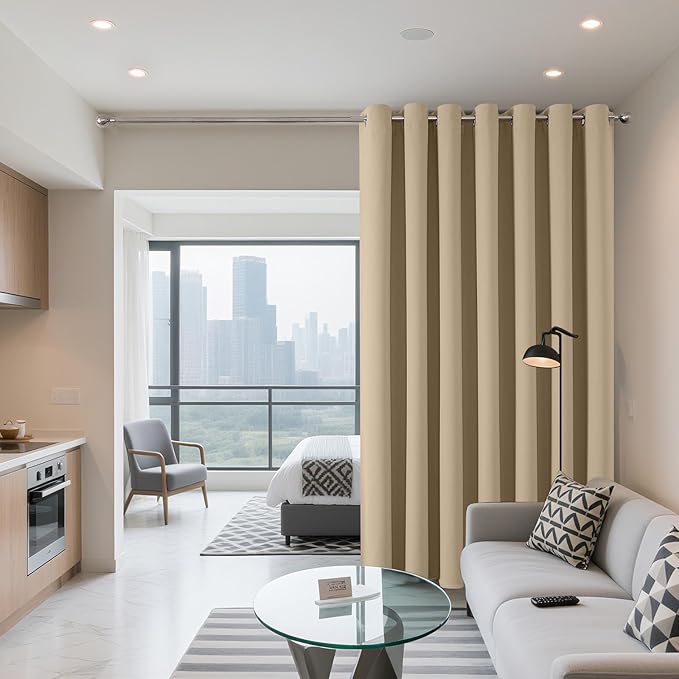 Joydeco Blackout Patio Sliding Door Curtains 90 Inches Long, Grommet Privacy Room Divider Curtains, Extra Wide Thermal Blackout Drapes for Bedroom Living Room (Light Beige, 80Wx90L, 1 Panel)
