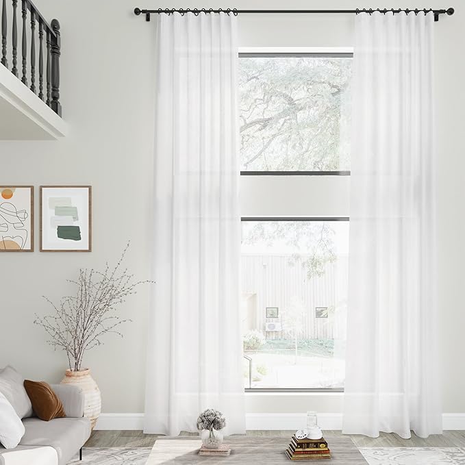 Nanspring White Linen Curtains 140 Inches Long 2 Panels Set for Living Room Extra Long Back Tab Curtains Light Filtering Semi Sheer Linen Drapes Ceiling to Floor for Large Window Farmhouse 52x140