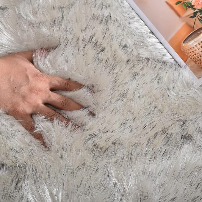 ORINOVA White and Grey Area Rugs 9x12 Living Room Large Washable Faux Fur Rugs for Bedroom Nursery Shaggy Sheepskin Fur Rectangle Rug