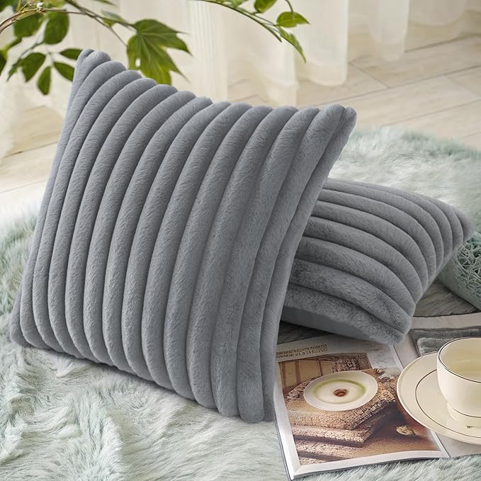 decorUhome Cozy Faux Fur Throw Pillow Covers 18x18 Set of 2 Decorative Soft Plush Striped Modern Farmhouse Boho Couch Pillow Cases with Velvet Back for Sofa Bed Living Room, Grey