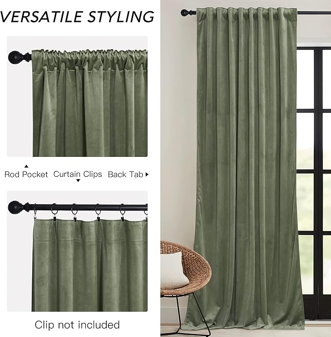 RYB HOME Sage Green Velvet Curtains 92 inches with Hook Belt, Soft Fabric Room Darkening Thermal Insulated Luxurious Home Decor Curtains for Living Room Bedroom, W 52" x L 92", 2 Panels Set