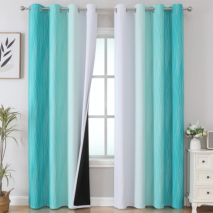 Estelar Textiler Full Room Darkening Greyish White and Teal Blackout Curtains 96 Inch Length 2 Panels Set, Ombre Thermal Insulated Full Light Blocking Grommet Gray Blackout Drapes for Bedroom, 52Wx96L