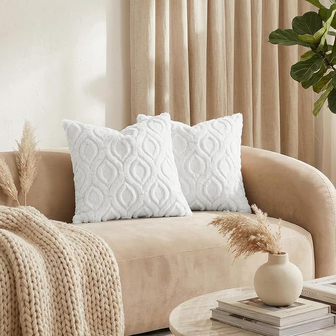 decorUhome Throw Pillow Covers 24x24 Inch Set of 2, Soft Plush Faux Wool White Solid Couch Pillow Covers, Accent Euro Sham Farmhouse Neutral Square Pillow Cases for Sofa Bed Living Room