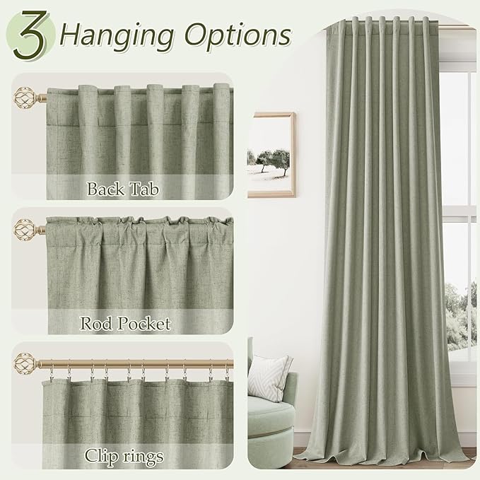 Guken 100% Blackout Linen Curtains 112 Inch Wide by 52 Inch 2 Panels Set for Living Room Bedroom Back Tab Thermal Insulated Black Out Linen Drapes Room Darkening Window Curtains, Sage Green