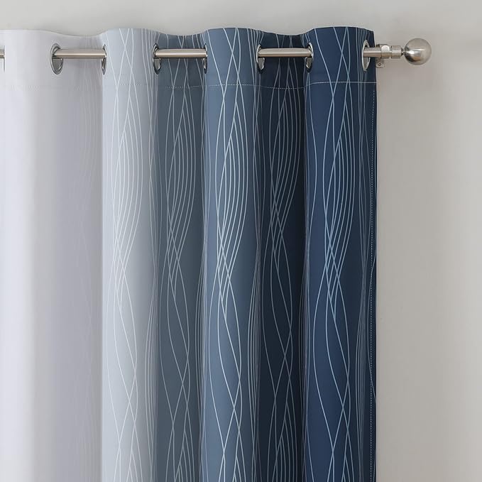 Estelar Textiler Full Room Darkening Greyish White and Navy Blue Blackout Curtains 63 Inch Length 2 Panels Set,Ombre Thermal Insulated Full Light Blocking Grommet Blackout Drapes for Boys Room,52Wx63L