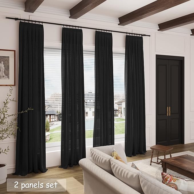 Linen Black Curtains 135 inch Extra Long for Living Room Back Tab Light Filtering Semi Sheer Drapes Modern Farmhouse Coastal Decor Cotton Textured Curtain for Floor to Ceiling High Window 52x135