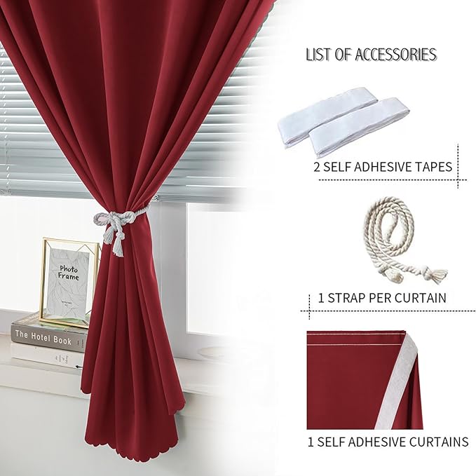 Self Adhesive Curtains, Stick Curtain Blackout Shades Window Cover Curtains for Living Room No Drilling, 35" W X 79" L, Burgundy, 1 Panel