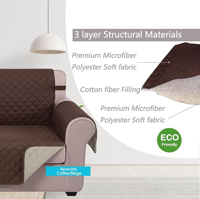 U-NICE HOME Reversible Sofa Cover Couch Cover for Dogs with Elastic Straps Water Repellent Furniture Protector for Pets Couch Cover for 3 Cushion Couch (Sofa, Coffee/Beige) (Pack of 2)