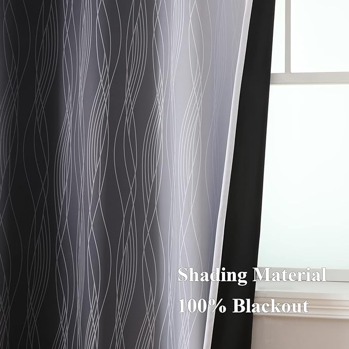 Estelar Textiler Full Room Darkening Blackout Curtains 72 Inch Length 2 Panels Set, Ombre Greyish White and Black Thermal Insulated Full Light Blocking Grommet Blackout Drapes for Bedroom, 42Wx72L
