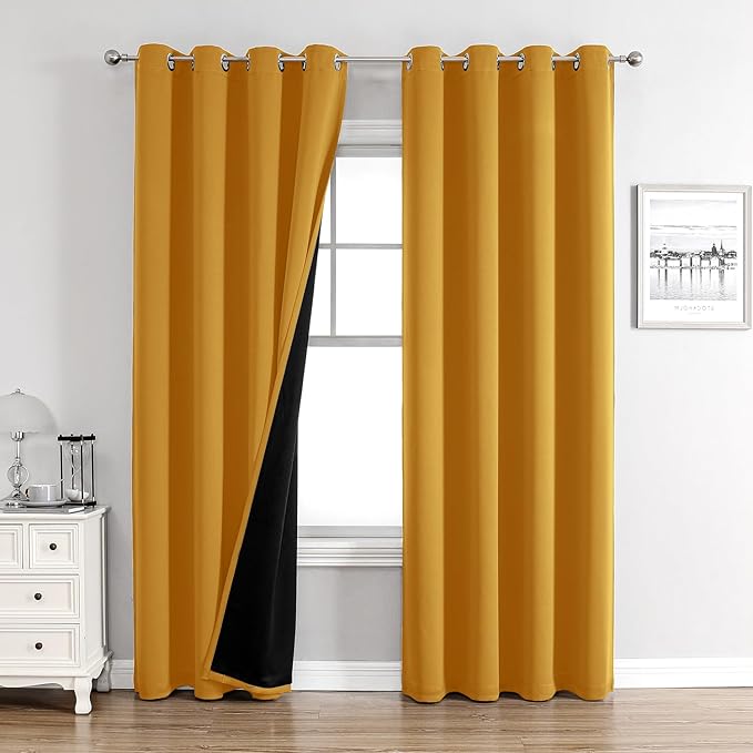 ChrisDowa 100% Blackout Curtains 120 inch Long for Bedroom with Black Liner, 2 Thick Layers Total Blackout Thermal Insulated Grommet Long Window Curtains 2 Panels Set (Mustard Yellow, 52 x 120 Inch)