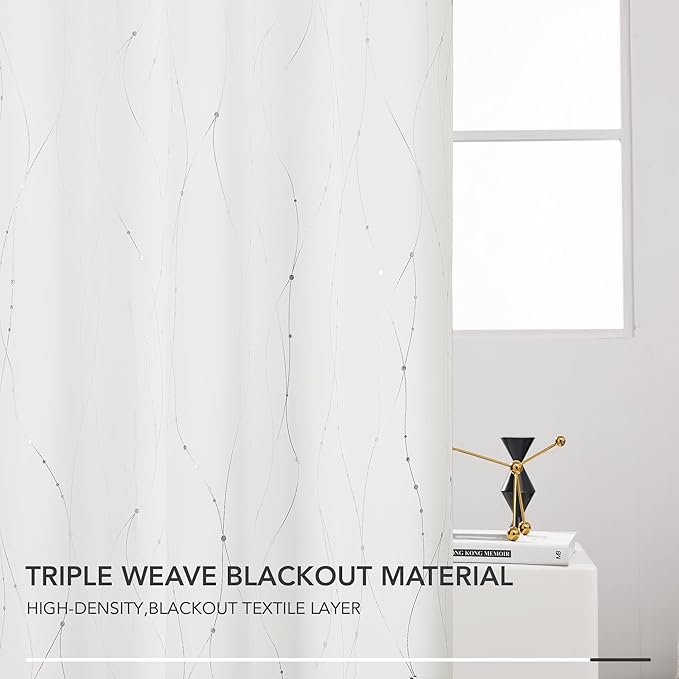 Deconovo White Curtains, Room Darkening Curtain, Thermal Insulated Noise Reduced Drapes, Wave Dots Silver Print, 52 x 95 Inch Long, Grommet Top, Window Panels for Living Room Bedroom Nursery, Set of 2