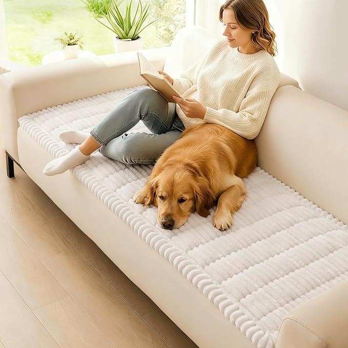 hyha Couch Covers for Dogs Washable, Non Slip Plush Dog Sofa Protectors, Fuzzy Pet Couch Covers for 3 Cushion Sofa Pet Friendly (White, 27.6" x 59")