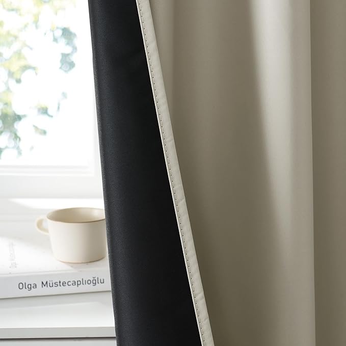RYB HOME 100% Blackout Short Curtains for Small Window, Thermal Insulated Total Room Darkening Noise Reducing Curtains for Kitchen Bathroom Basement, 42 inches Wide by 48 inches Long, Natural