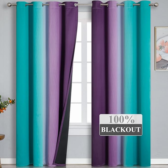 Teal Blackout Curtains 84 Inches Long, Ombre Purple Blackout Curtains for Bedroom, Grommet Thermal Insulated Gradient Drapes, Full Light Blocking Curtains for Kids Room,52x84 Inch, 2 Panels