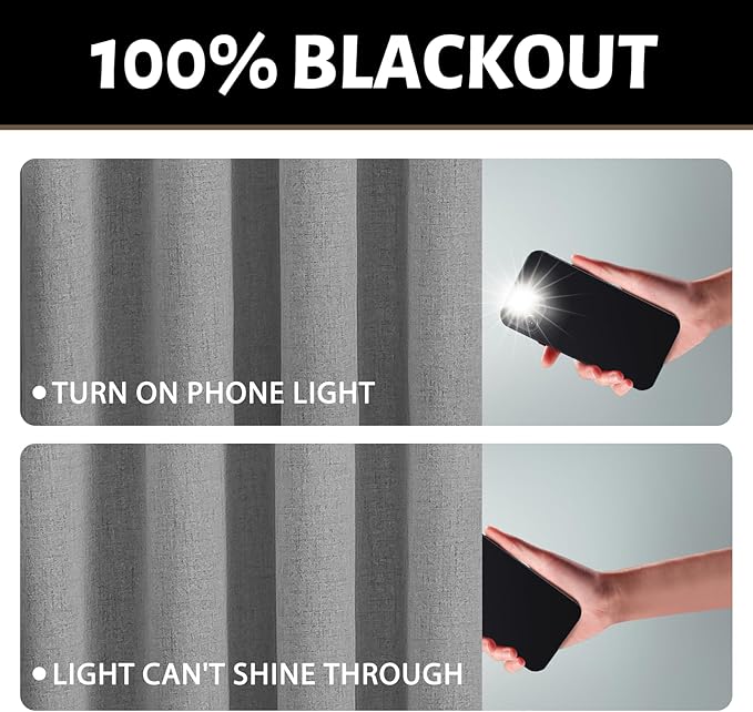 Yakamok Dove Grey Linen Curtains 100% Blackout 96 Inches Long,Room Darkening Textured Curtains for Living Room Thermal Grommet Bedroom Drapes 2 Panels with Greyish White Liner