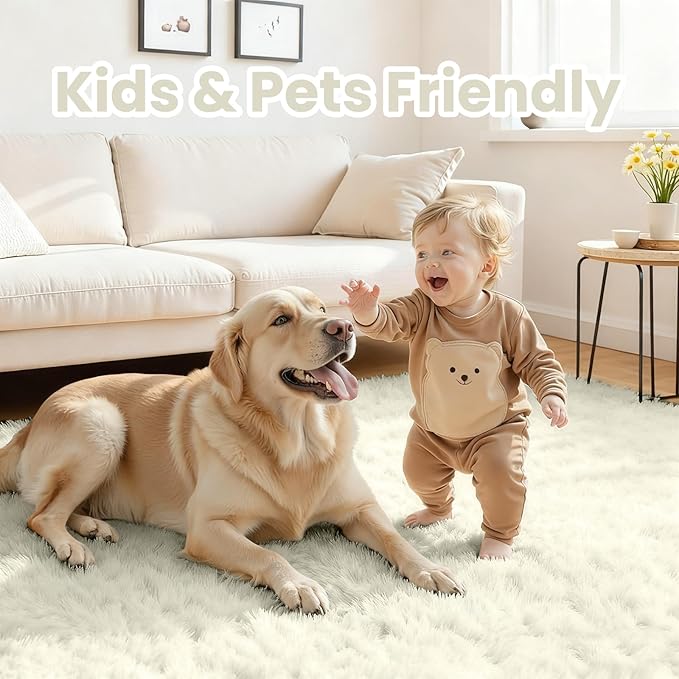 5x8 Area Rugs for Living Room: Soft Fluffy Shag Cream White Rugs for Bedroom, Non Slip Large Fuzzy Plush Rug Indoor Floor Carpet for Nursery Kids Boys Girls Room, Dorms, Playroom, Modern Home Decor