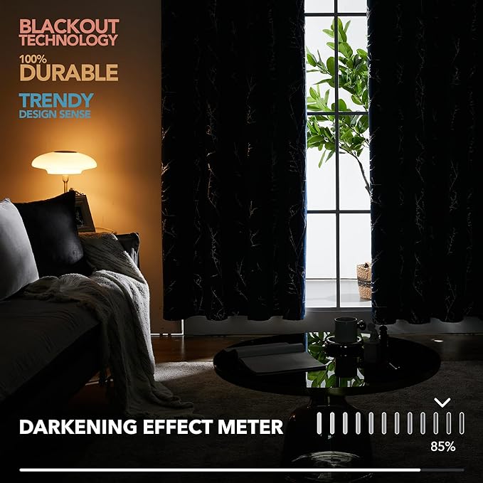 Deconovo Black Blackout Curtains, Thermal Insulated Soundproof Privacy Curtain Drapes, Branch Foil Print, 52 x 63 Inch Long, 2 Panels, Machine‑Washable Window Panel for Bedroom Living Room Office Home