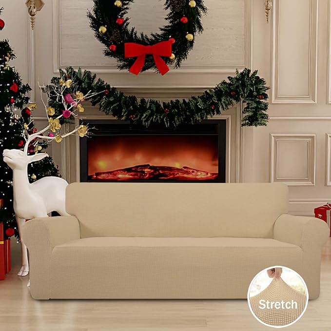 Easy-Going Stretch Oversized Sofa Slipcover 1-Piece Sofa Cover Furniture Protector Couch Soft with Elastic Bottom for Kids, Polyester Spandex Jacquard Fabric Small Checks Sand