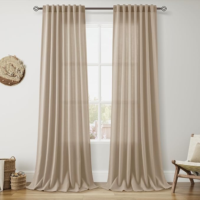 Sepia Beige Linen Curtains 102 Inches Long for Living Room Rustic Farmhouse Decor Light Filtering Semi Sheer Curtain Back Tab Neutral Modern Luxury Drapes for Bedroom Office 52x102, 2 Panels