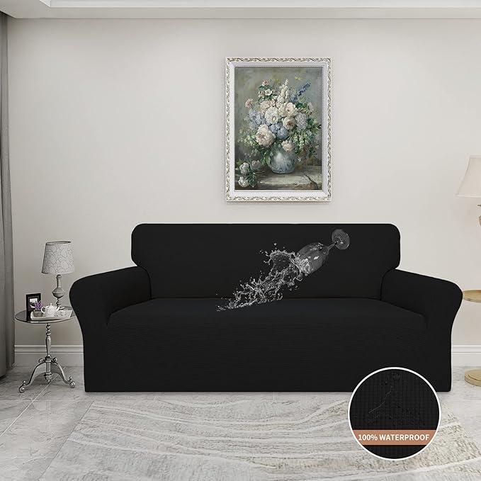 Easy-Going 100% Waterproof Dual Couch Cover, Stretch Jacquard Sofa Slipcover, Leakproof Furniture Protector for Kids, Pets, Dog and Cat (Sofa, Black)