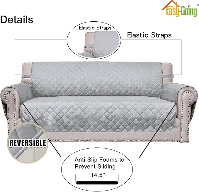 Easy-Going Reversible Couch Cover for 3 Cushion Couch Sofa Cover for Dogs Water Resistant Furniture Protector Cover with Foam Sticks Elastic Straps for Pet Cat (Sofa, Light Gray/Ivory)