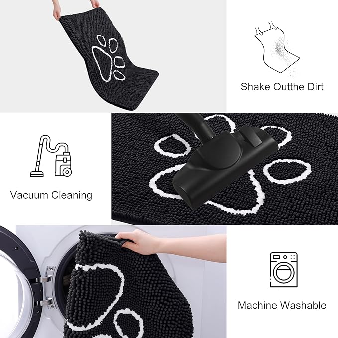Smiry Dog Door Mat for Muddy Paws, Absorbent Dirt Trapper Non Slip Quick Dry Washable Chenille Mat for Mud Dogs, Entry Rug for Indoor and Outdoor (44x24 Inches, Black and White)