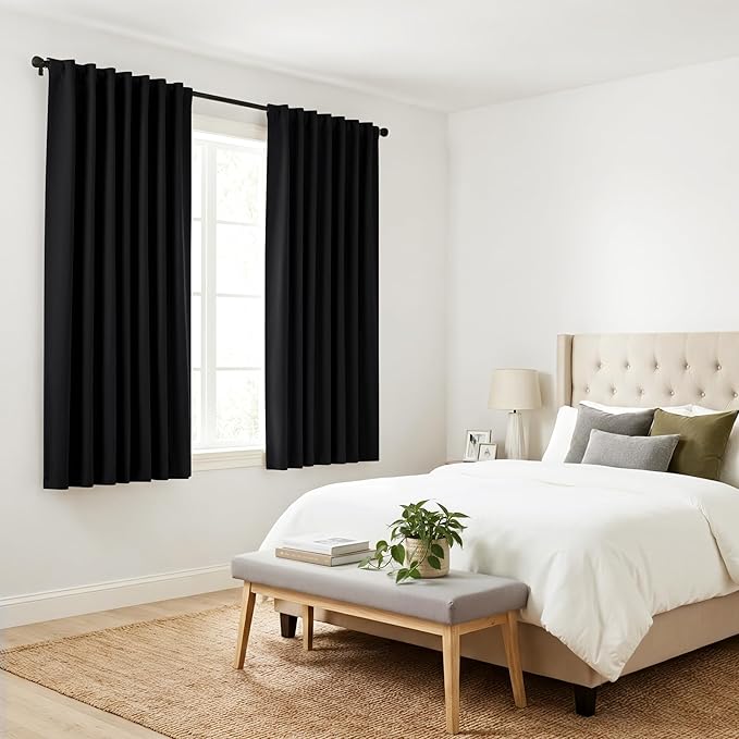 PONY DANCE Blackout Curtains 63 inch Length - Window Covering Panels Thermal Insulated Window Blinds Drapes Light Block Curtain Shades for Bedroom, 42-inch Wide by 63-inch Long, Black, 2 PCs