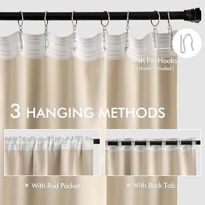 MIULEE Cream Beige Back Tab Light Blocking Curtains 54 Inches Long 2 Panels Set for Living Room Bedroom Privacy, Rod Pocket/Pinch Pleat Thermal Insulated Room Darkening Pleated Blackout Drapes