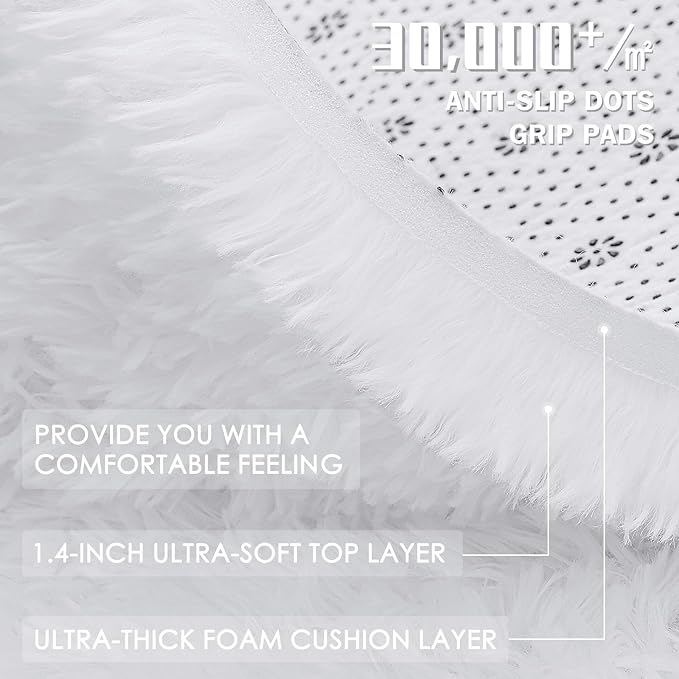 OLANLY 2x2 Machine Washable Small Rug, Soft Fluffy Shaggy Throw Rug for Bedroom, Entryway, Indoor Floor Carpet for Kids, Nursery, Home Decor, White