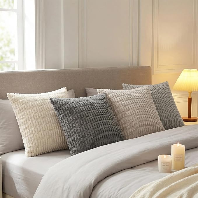 Fancy Homi Set of 4 Grey and White Decorative Throw Pillow Covers 12x12 Inch for Couch Bed Chair, Modern Farmhouse Boho Room Decor, Soft Fuzzy Double Sided Corduroy Textured Striped Cushion Case 30cm