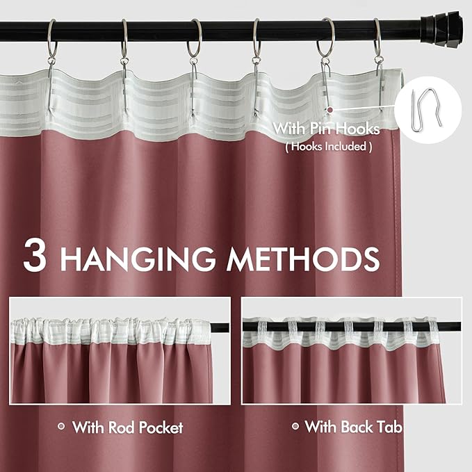 MIULEE Dusty Rose Back Tab Blackout Curtains 108 Inch Long 2 Panels Set for Bedroom, Rod Pocket/Pinch Pleat Extra Long Thermal Insulated Living Room Darkening Pleated Light Blocking Drapes