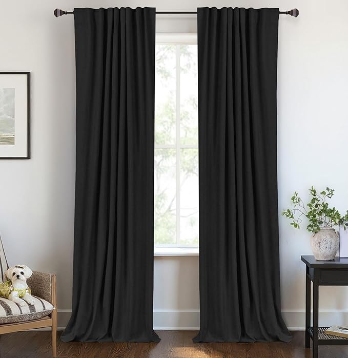 100% Blackout Shield Linen Blackout Curtains for Bedroom 63 Inches Long, Back Tab/Rod Pocket Living Room Drapes, Thermal Insulated Blackout Curtains 2 Panels Set, 50" W x 63" L, Black